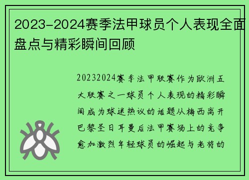 2023-2024赛季法甲球员个人表现全面盘点与精彩瞬间回顾