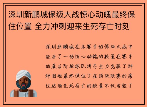 深圳新鹏城保级大战惊心动魄最终保住位置 全力冲刺迎来生死存亡时刻