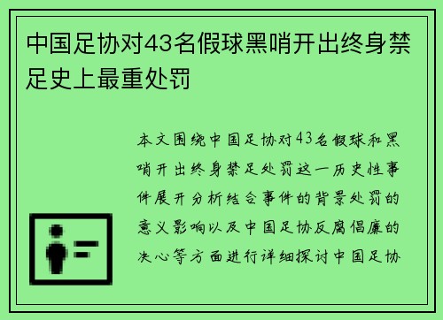 中国足协对43名假球黑哨开出终身禁足史上最重处罚 中国足协对43名假球黑哨开出终身禁足史上最重处罚